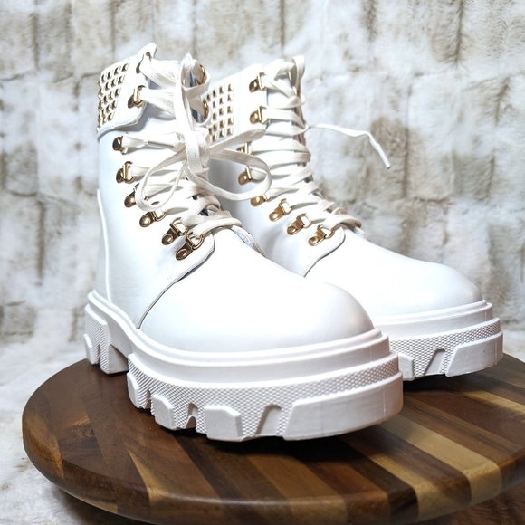 * Mata Shoes White Vegan Leather Studded Detail Fashion Combat Ankle Boots - Picture 14 of 15